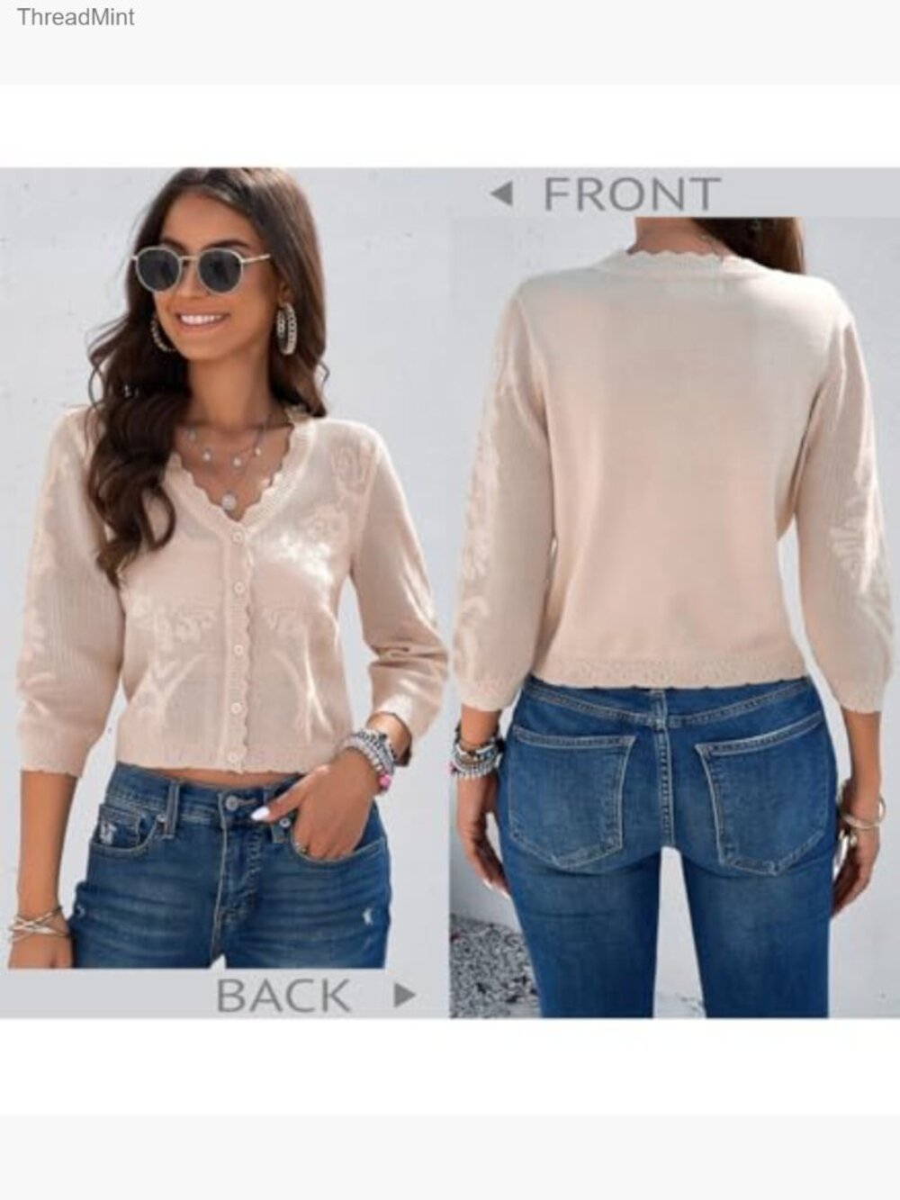 Cropped Cardigan Sweater Lightweight 3/4 Sleeve Button Down Crochet Shrug Top - Picture 4 of 7